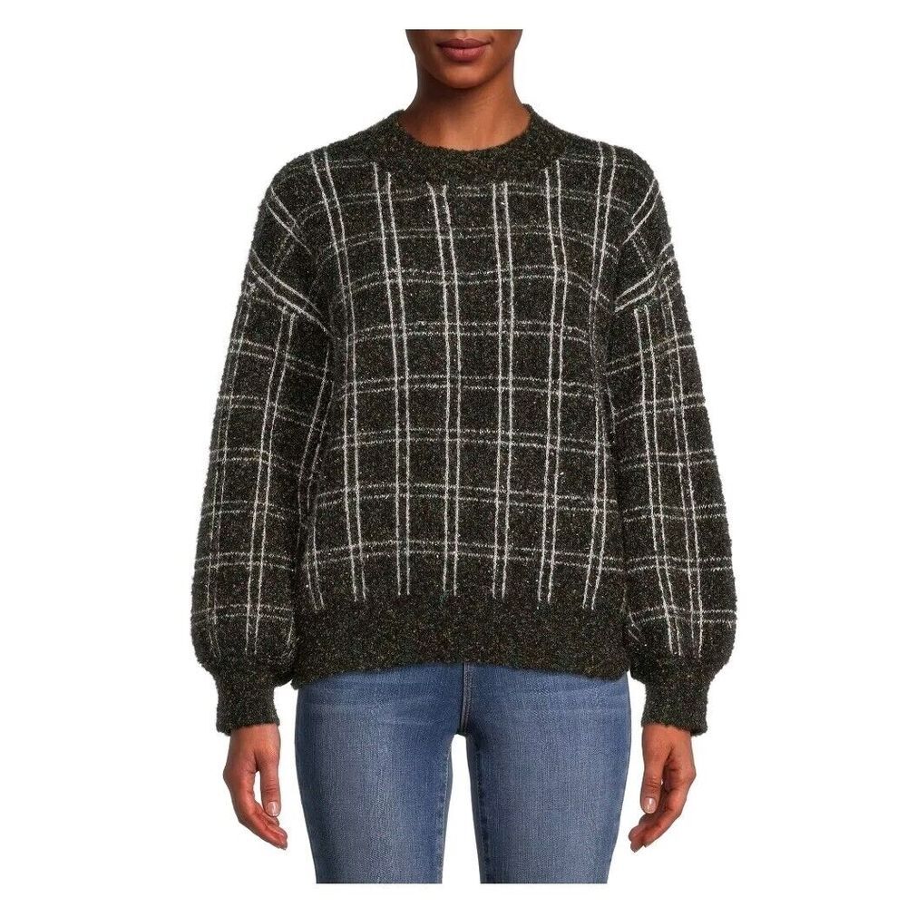 Love Trend New York Womens Plaid Lurex Pullover Sweater Long Sleeves Black S